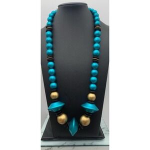 Vintage New Old Stock Made In Hong Kong Chunky Teal Blue & Gold Necklace 22"